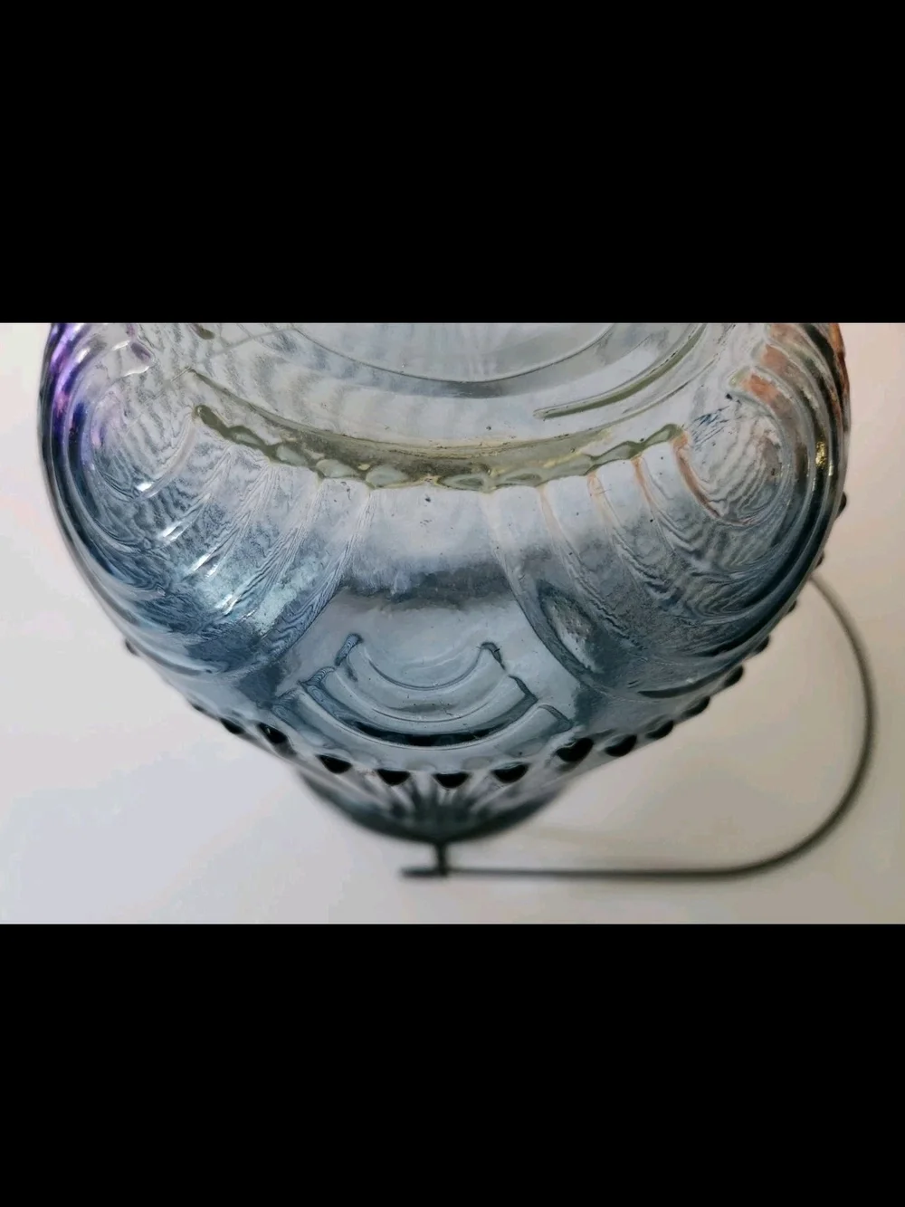 6 Inch Tall Blue Ribbed Glass Candle Lantern with Black Wire Handle